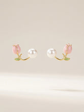 S925 Silver Pearl Stud Earrings with Floral Leaf Enamel Detail