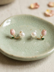 S925 Silver Pearl Stud Earrings with Floral Leaf Enamel Detail