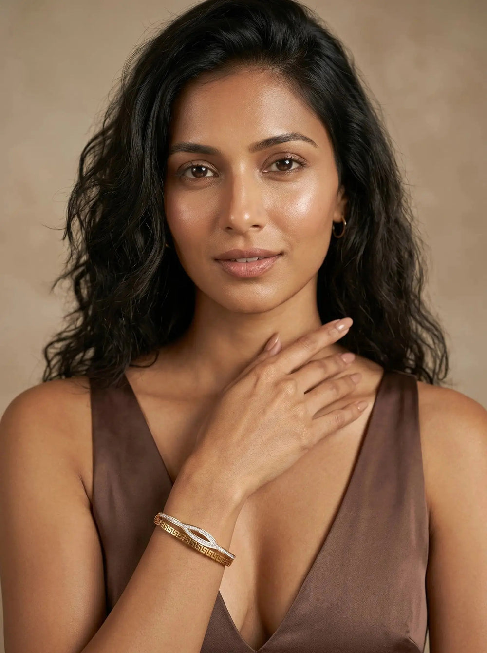 Gold Greek key bangle with pave zircon marquise centre — view 2