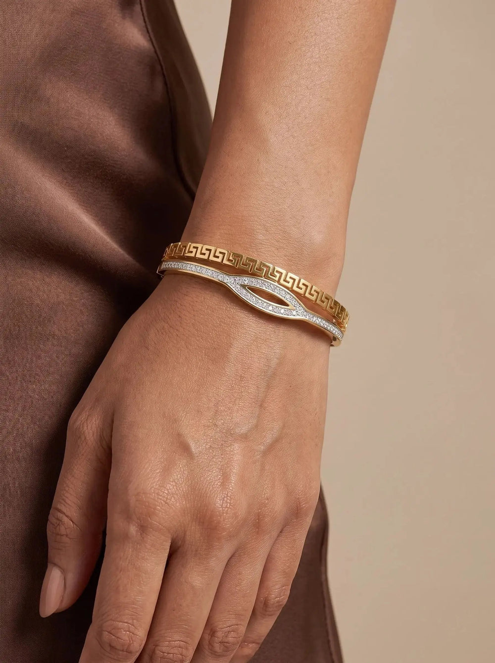 Gold Greek key bangle with pave zircon marquise centre — view 3