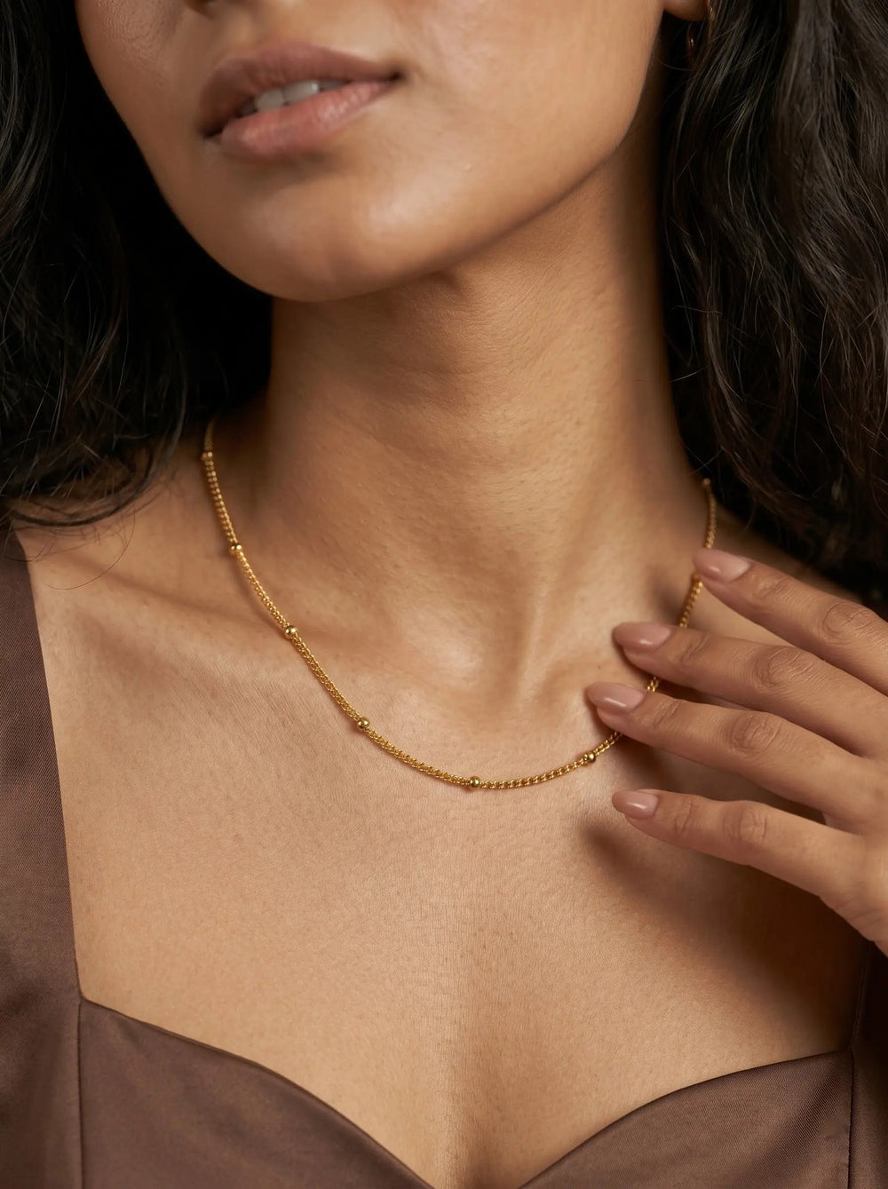 Fine Gold Box Chain Necklace – Minimalist Layering - Side Clip Bead