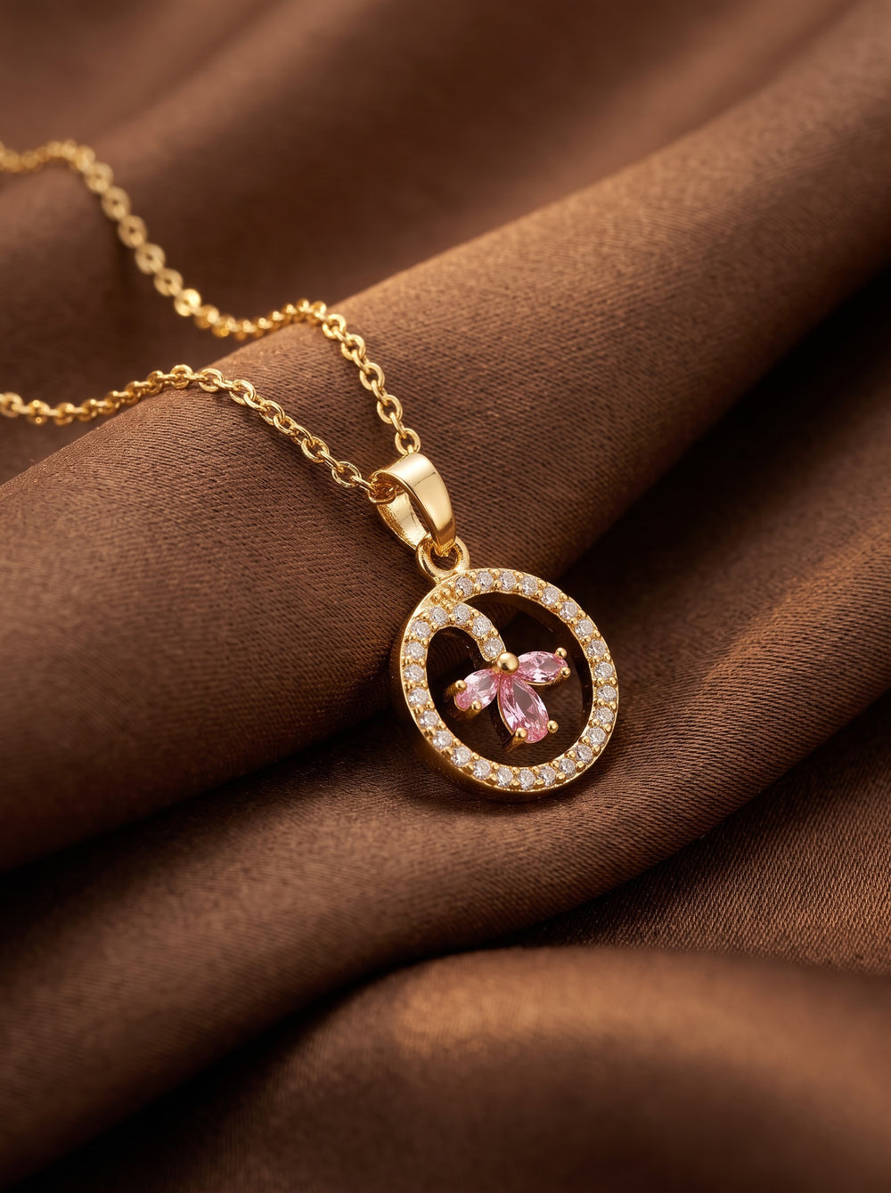 E-Shaped Floral Zircon Pendant Necklace – Gold-Plated Copper