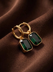 Green Zircon Drop Huggie Earrings – 18K Gold Emerald Tone