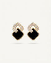 Gold Alloy Drop Earrings with Rhinestone Knot and Dark Square Accent