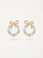 Gold & Pearl Wreath Earrings with Bow - S925 Silver Needle