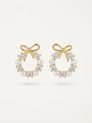 Gold & Pearl Wreath Earrings with Bow - S925 Silver Needle