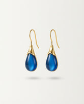 Blue Cat's Eye Drop Earrings in Gold-Tone