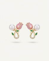 Gold-Tone Floral Drop Earrings with Pink Petals & Pearl