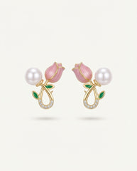 Gold-Tone Floral Drop Earrings with Pink Petals & Pearl