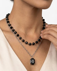 Black Double-Layer White Gold Plated Glass Bead & Acrylic Necklace