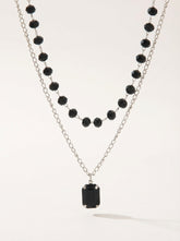 Black Double-Layer White Gold Plated Glass Bead & Acrylic Necklace