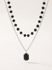 Black Double-Layer White Gold Plated Glass Bead & Acrylic Necklace