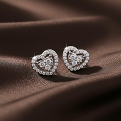 Silver Heart-Shaped Copper Alloy Ear Studs with Crystals