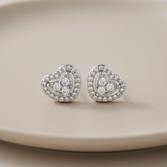 Silver Heart-Shaped Copper Alloy Ear Studs with Crystals