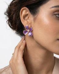 Purple Floral Silver Needle Earrings with Gold Trim