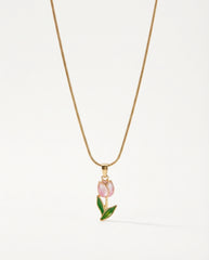 Pink Flower Alloy Copper Necklace with Gold-Tone Chain