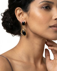 Gold-Tone Alloy & Black Zircon Geometric Drop Earrings