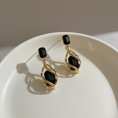 Gold-Tone Alloy & Black Zircon Geometric Drop Earrings
