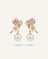 Pink White Floral Pearl Stud Earrings Gold-Tone