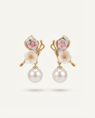 Pink White Floral Pearl Stud Earrings Gold-Tone