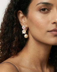 Pink White Floral Pearl Stud Earrings Gold-Tone