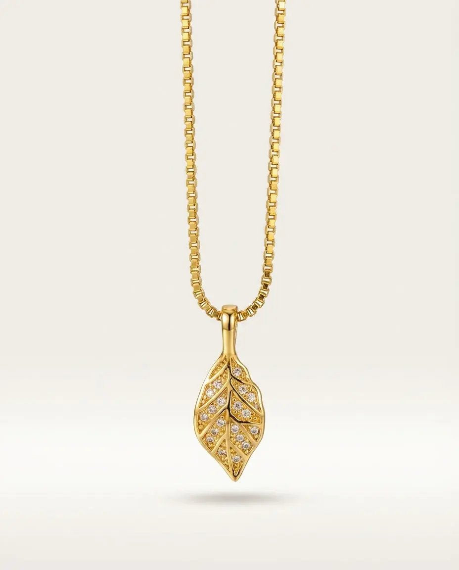 Pavé Leaf Pendant Necklace – PVD Gold Plated Titanium Steel Box Chain