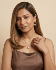 Gold Stainless Steel Teardrop Pearl Necklace & Hoop Earrings Set