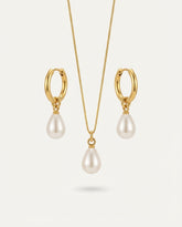 Gold Stainless Steel Teardrop Pearl Necklace & Hoop Earrings Set
