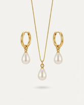 Gold Stainless Steel Teardrop Pearl Necklace & Hoop Earrings Set
