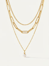 Gold Pearl Three-Layer Chain Necklace