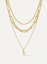 Gold Pearl Three-Layer Chain Necklace - Electroplated Stainless Steel