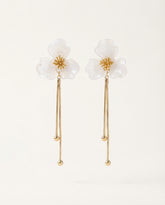Gold & White Flower Tassel Earrings with Silver Needle
