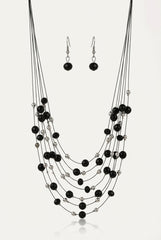 Black Multi-Layer Imitation Pearl Necklace & Earrings Set 44cm