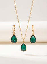 Emerald Green Teardrop Earrings & Necklace Set in Alloy