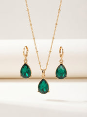 Emerald Green Teardrop Earrings & Necklace Set in Alloy