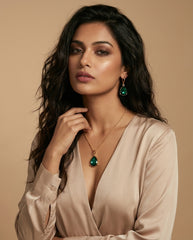 Emerald Green Teardrop Earrings & Necklace Set in Alloy