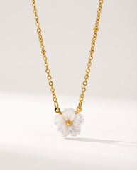 18K Gold Floral Pendant Necklace - White Flower, Stainless Steel