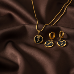 Black Rose 18K Gold Plated Necklace & Hoop Earrings Set