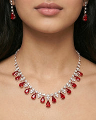 Copper Gold-Plated Red & Clear Rhinestone Necklace Earrings Set