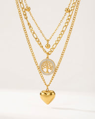 Gold Titanium Steel Multi-Layer Necklace with Heart & Tree of Life