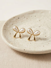Gold-Tone Flower Butterfly Alloy Earrings with Pearl Inlay