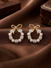 Gold & Pearl Wreath Earrings with Bow - S925 Silver Needle