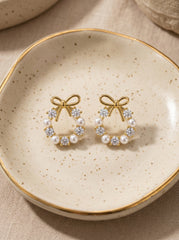 Gold & Pearl Wreath Earrings with Bow - S925 Silver Needle