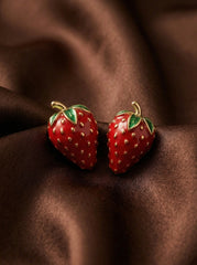 Red Strawberry Drop Earrings with Green Alloy Leaves & Silver Needle