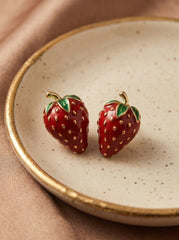 Red Strawberry Drop Earrings with Green Alloy Leaves & Silver Needle