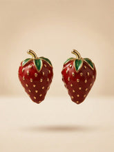 Red Strawberry Drop Earrings with Green Alloy Leaves & Silver Needle
