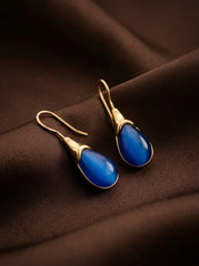 Blue Cat's Eye Drop Earrings in Gold-Tone