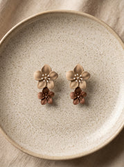 Khaki & Reddish-Brown Floral Layered Earrings