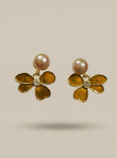 Brown Floral Pearl Stud Earrings - Enamel Metal for Women