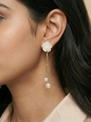 S925 Silver Needle Pearl Drop Earrings with Floral Butterfly Knot